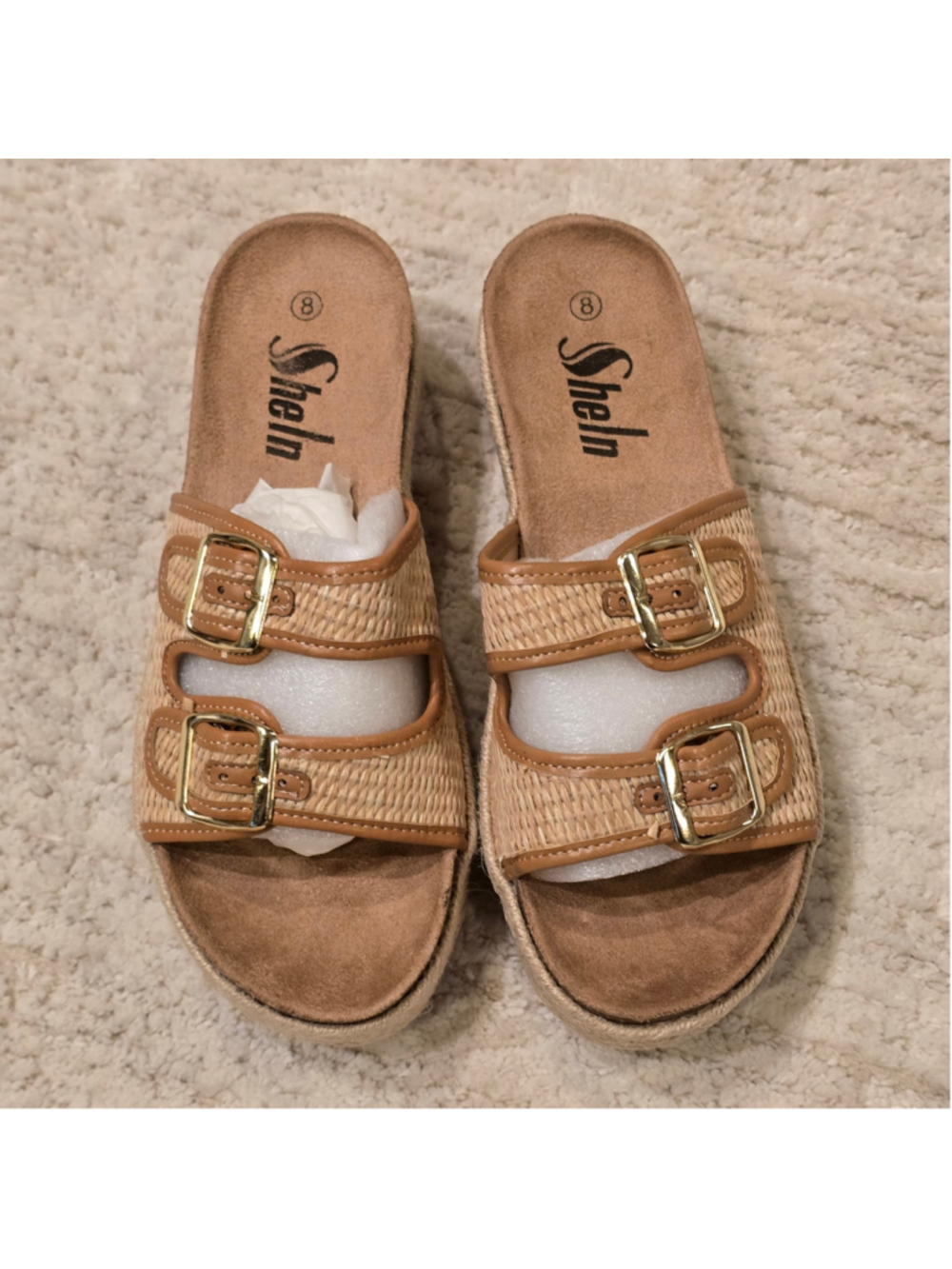 Women's Beige & Brown Buckle Strap Platform Sandals Size 8